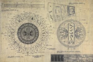 A production diagram of the coverstones used in the original Stargate film, detailing the center disc containing the address to Abydos, as well as a series of wedges which form two outer rings; a message in heirogyphics, and the 39 symbols on the stargate.